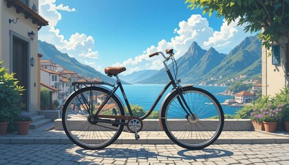 Fototapeta premium illustration of a Vintage bicycle on a costal city by the sea