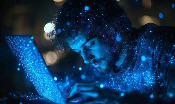 Night-time Mobile App Development and Coding, Male Software Developer Writing JavaScript on Laptop, Futuristic Digital Technology Concept