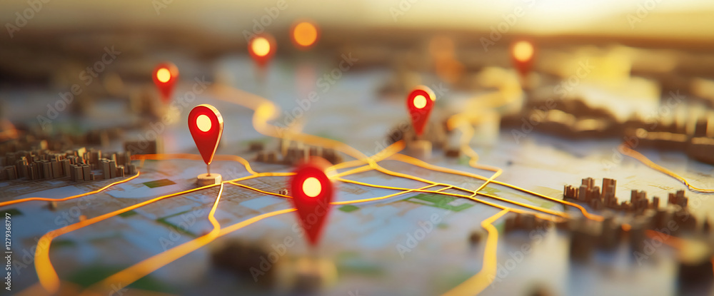 Poster 3d map with location pins placed across a city landscape representing navigation, location services,