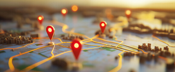 3D map with location pins placed across a city landscape representing navigation, location services, and city mapping for travel, urban planning, and technology concepts.