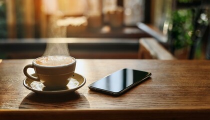 카페 테이블에 스마트폰이 올려져 있고 옆에는 카페라떼 한 잔이 놓여져있다