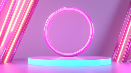 Fototapeta premium Dynamic neon circle display futuristic studio digital art installation vibrant atmosphere eye-level view modern aesthetic