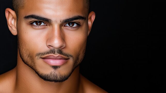 Close-up portrait of a young, handsome biracial man against a black background. His gaze is intense, and his expression is serious. - Powered by Adobe