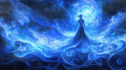Obraz premium Ethereal Woman Surrounded by Mystical Blue Swirls and Light