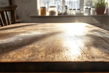 Freshly dusted wooden table illuminated by soft sunlight in a cozy kitchen setting. Generative AI