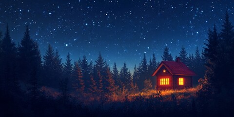 Forest cabin in the dark forest at night. Generative AI