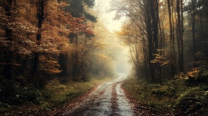 Fototapeta premium Misty autumn road winding through colorful forest.