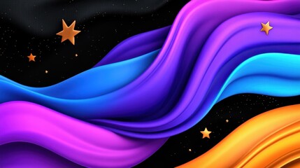 A colorful, flowing fabric with stars and a black background. The stars are scattered throughout the fabric, with some closer to the foreground and others further back. Scene is one of whimsy