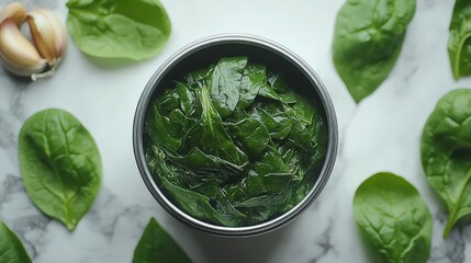 Obraz premium Fresh spinach in metal bowl, kitchen countertop, garlic in background