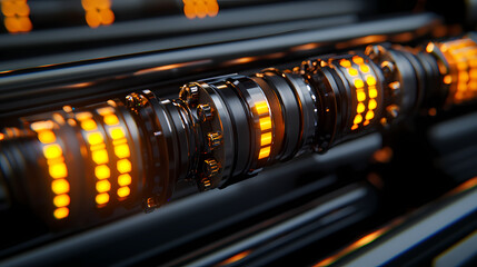 A close-up view of a futuristic metallic structure featuring glowing orange lights and cylindrical components, suggesting advanced technology or machinery.