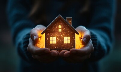 Hands Holding Illuminated House Model - Real Estate Investment, Home Insurance Protection, and Virtual Property Market Concept