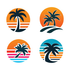 Obraz premium Vintage Sunset Palm Tree set Logo - Retro Beach Icon