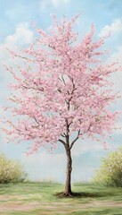 Naklejka premium A beautiful tree with pink blossoms stands in a painted landscape