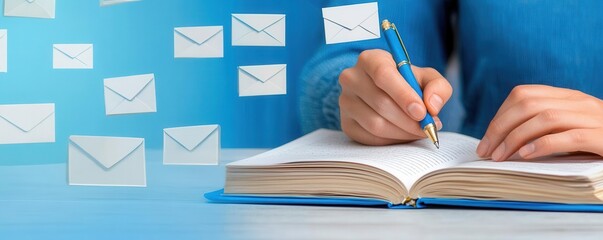 A person writing messages in a notebook with envelopes around.
