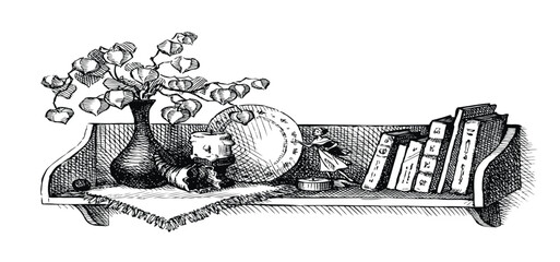 Vector Sketch a shelf with books and souvenirs © Marina