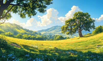 Fototapeta premium Serene Morning Meadow with Sunlit Trees and Rolling Hills Landscape