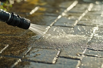 Garden hose nozzle spraying water onto a stone patio during a sunny day in the backyard. Generative AI
