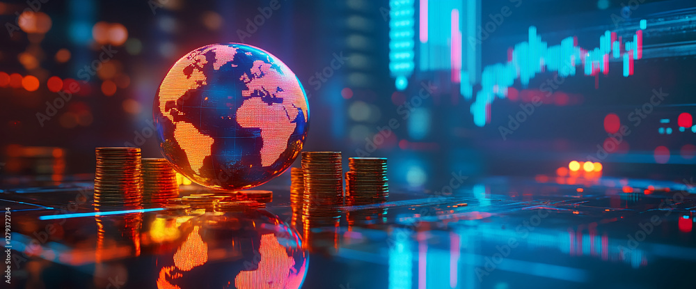 Poster 3d render of a digital globe with glowing coins stacked around it, set against a dynamic financial m