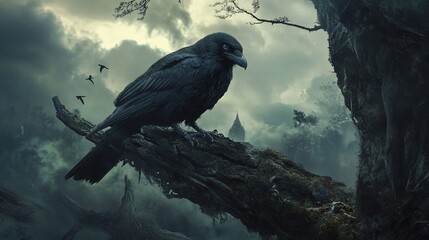 Fototapeta premium Raven perched on a decaying log in a dark, mystical forest.