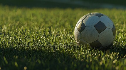 Soccer ball on grassy field at sunset. Possible use Stock photo (1)