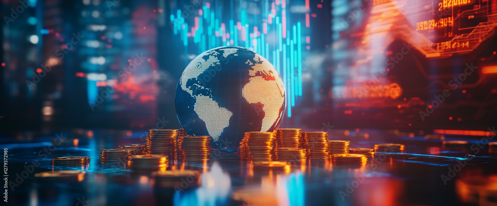 Aufkleber 3D render of glowing digital globe surrounded by stacks of coins with data visualizations in the background, symbolizing global financial growth, investment, and trading.