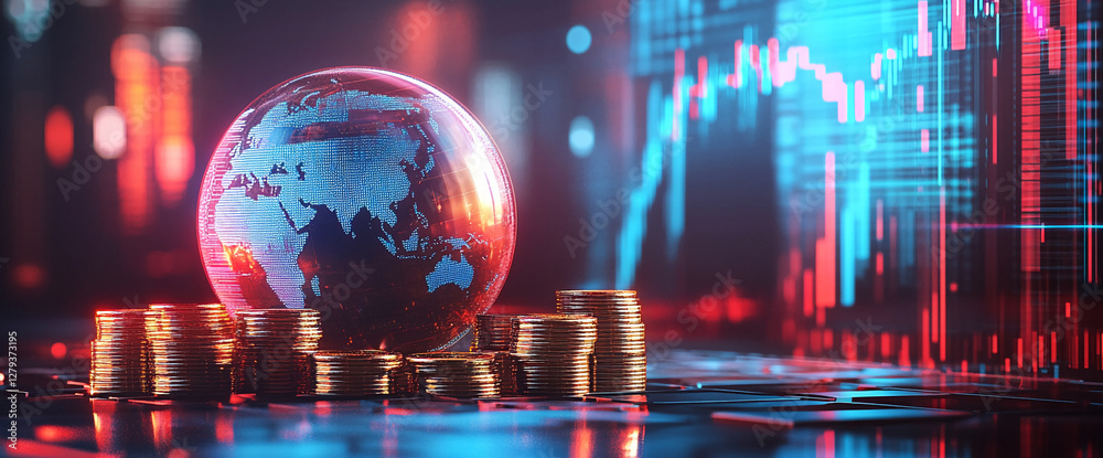 Poster 3d render of digital globe with glowing continents surrounded by stacks of coins, symbolizing global