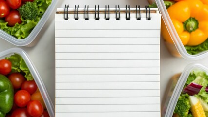 weight loss tips meal plan concept. Empty notepad surrounded by colorful vegetables in storage containers, suggesting meal planning or healthy eating.