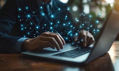 Businessman Interacting with Global Network and IoT Technology Icons Showcasing Digital Marketing Strategy in Conceptual Business Setting