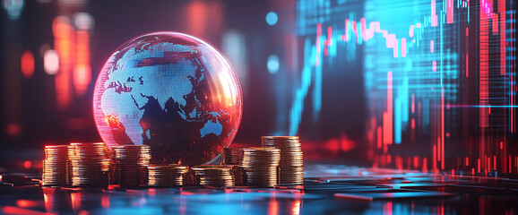 3D render of digital globe with glowing continents surrounded by stacks of coins, symbolizing global finance, economic growth, and digital investment in a futuristic trading world.