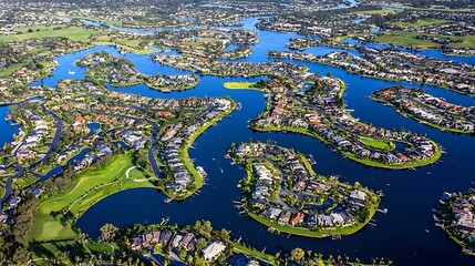 Fototapeta premium Exclusive waterfront living aerial view showing high end properties