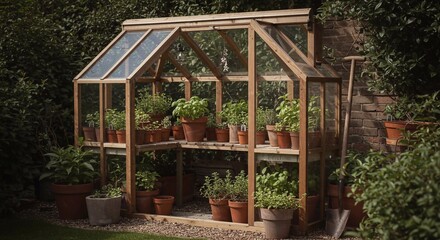 A small backyard greenhouse made of wood and glass filled with potted herbs and succulents, cozy atmosphere with warm sunlight streaming through, gardening tools 