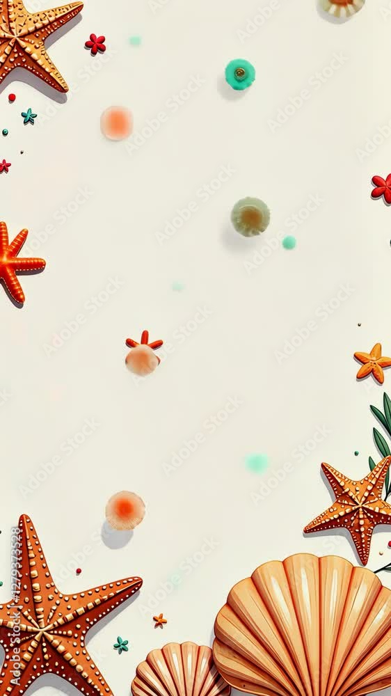 Poster A white background with a frame of stars and shells. The frame is orange and green. There are three shells and three stars