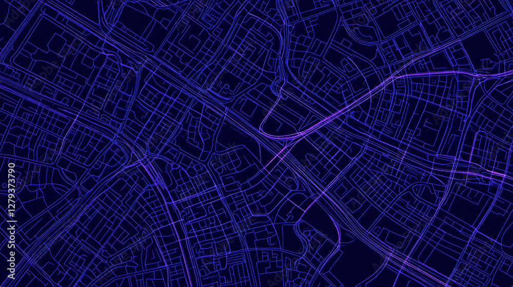 Poster Close-up view of a digital city map with glowing lines, showing an intricate network of streets and roads in blue and purple, symbolizing urban planning and navigation.