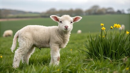 Cute lamb standing in a green meadow with flowers, joyful mood, spring season