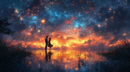 Obraz premium Silhouette of a Couple Dancing Against a Starlit Galaxy Reflected on Water at Sunset