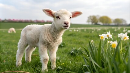 Obraz premium Cute lamb standing in a green field with flowers and trees under a bright sky
