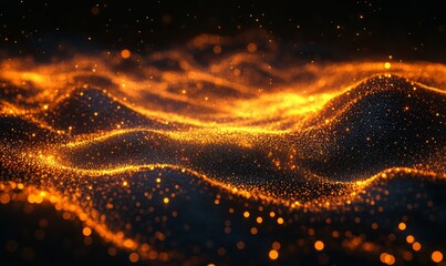 Futuristic Digital Network with Glowing Orange Particles, Abstract Data Visualization, Technology Background, Evening Lighting, Dynamic Energy Flow, Network Connectivity