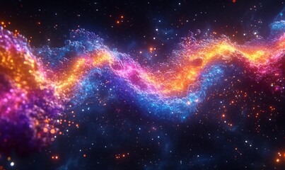 Fototapeta premium Vivid Abstract DNA Strands in Space with Vibrant Multicolored Molecular Structures, Cosmic Background, Nighttime Celestial Artwork, Molecular Biology