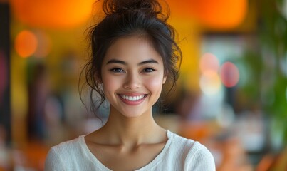 Obraz premium Smiling Asian Woman in Bright Modern Restaurant, Happy Mood, Cheerful Atmosphere, Fictional Character in Vibrant Dining Setting, Lifestyle and Leisure, Friendly and Welcoming