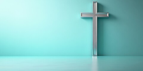 Naklejka premium Silver cross illuminated against a turquoise background in a serene indoor setting