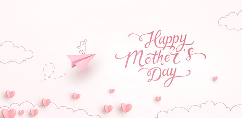 Mother's day postcard with paper flying elements and plane on white sky background. Vector symbols of love in shape of heart for greeting card design