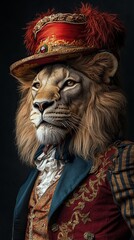 Whimsical Anthropomorphic Lion Clown Portrait - Fantasy Animal in Circus Attire, Costume Photography, Creative Character Design
