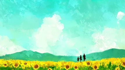 Gordijnen Family walks sunflower field, summer day, landscape painting © AURA COLLECTIONS