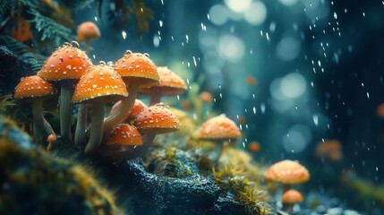 Rain-soaked cluster of vibrant orange mushrooms in a lush forest.