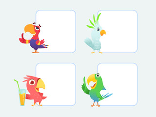 Parrots. cartoon colorful birds parrots standing near white empty banners with place for text