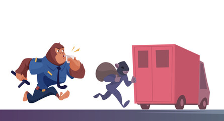 Robbery. policeman gorilla running and catches a robber