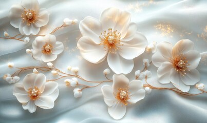 Elegant 3D Flower Decoration with Silk Background Print for Wall Art and Home Decor featuring Stunning White and Gold Blossoms
