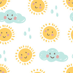 Cute seamless pattern with sun clouds and raindrops vector illustration