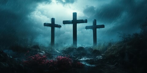 Three weathered crosses stand in a misty, atmospheric landscape under dramatic stormy skies at dusk
