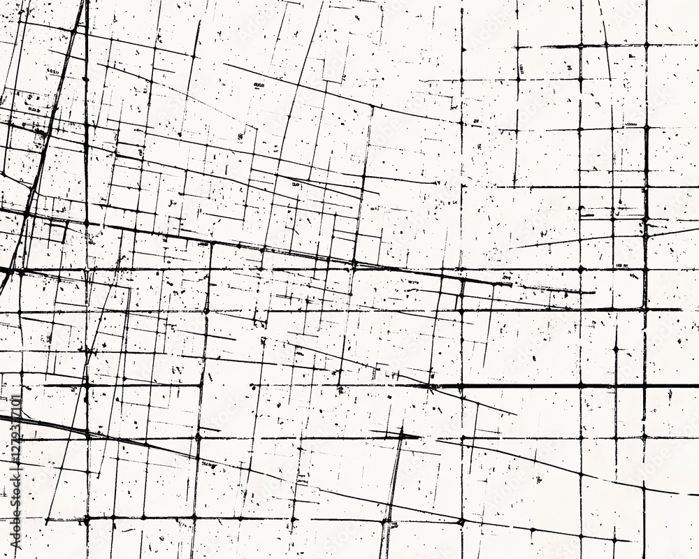 Poster A black and white abstract city map showing grid patterns, intersections, and urban planning layouts, symbolizing city structures, traffic, and navigation systems.